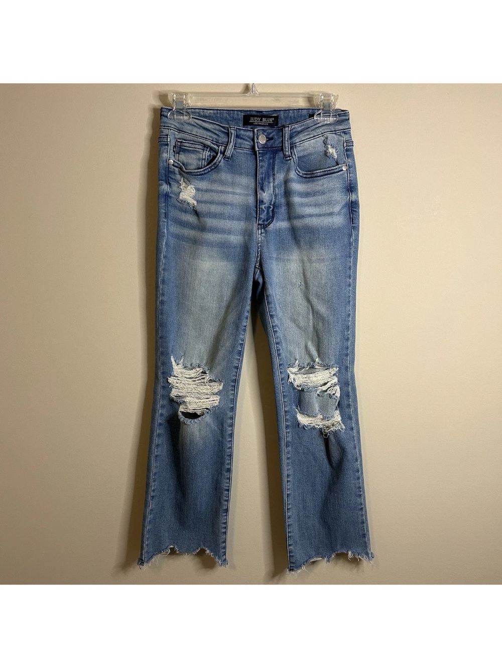 Judy Blue Straight Fit 3/26 Distressed Denim Blue Crop Jeans Raw Hem